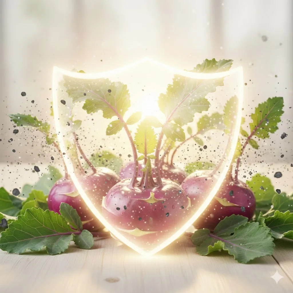 콜라비 주변에서 작은 유해 물질(활성산소)이 콜라비에서 뿜어져 나오는 보호막 같은 빛에 의해 사라지는 듯한 효과를 줍니다. 세포가 안전하게 보호받는 느낌을 주어 콜라비의 항산화 효능을 직관적으로 보여줍니다.