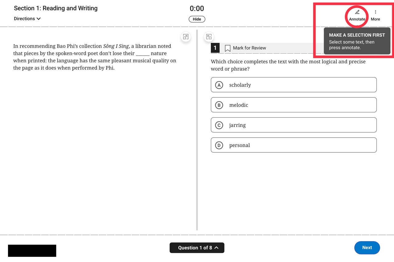 Digital SAT Test Preview - Reading and Writing 섹션의 화면 아이콘 기능 이미지