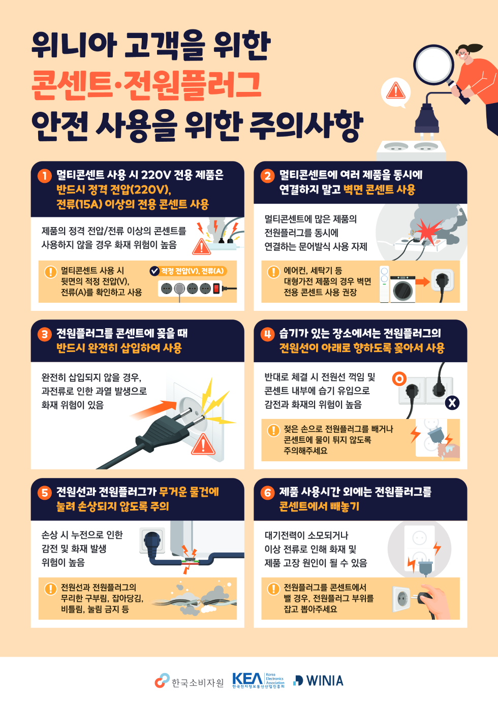 위니아 고객을 위한 콘센트, 전원플러그 안전 사용을 위한 주의사항