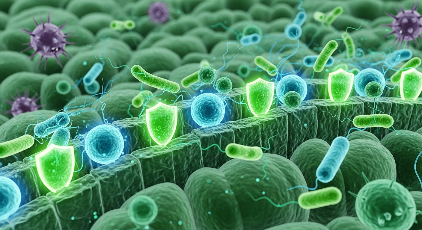 장 건강을 지키는 유산균의 효능을 보여주는 삽화