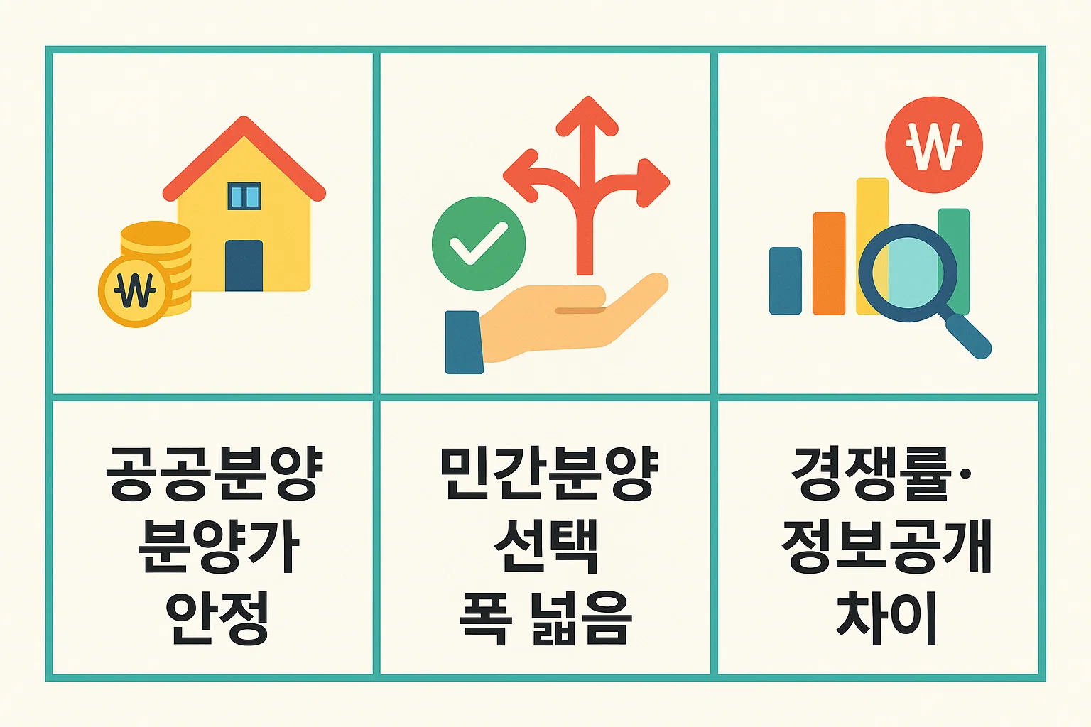 서울 공공분양예정 아파트 청약 준비 시 알아야 할 공공분양 분양가 안정성, 민간분양 선택 폭, 경쟁률 및 정보공개 차이를 한눈에 비교한 인포그래픽 자료