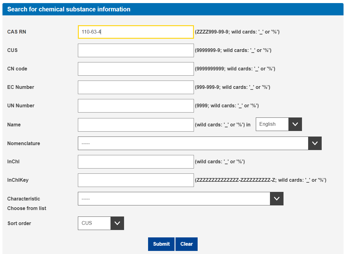 EU 관세 관련 사이트에서 CAS no. 입력