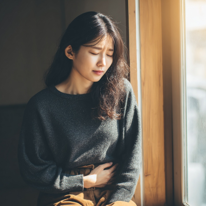 바이러스로 인해 배가 아픈여성