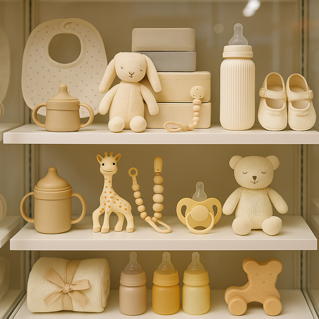 진열장 안에 크림색과 베이지톤의 애기용품들이 가지런히 정리되어 있는 모습. 젖병, 딸랑이, 턱받이, 봉제 인형 등이 깔끔하게 배열된 아기용품 매장 클로즈업 이미지