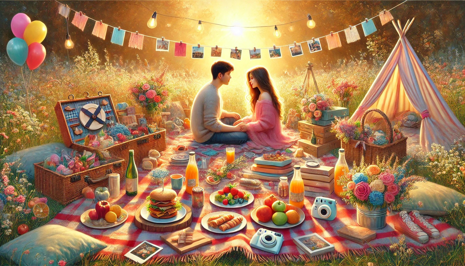 A colorful and emotional picnic scene with young couples and friends, sitting on picnic blankets under warm sunlight in a park or open field