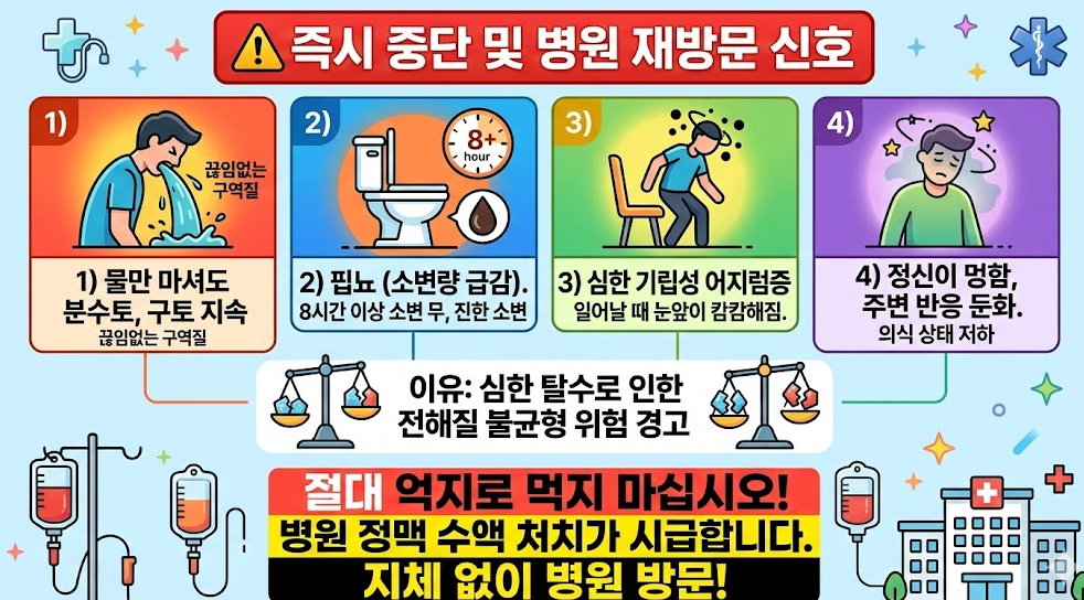 노로바이러스 탈수 경고 신호 인포그래픽 &ndash; 분수토, 8시간 이상 소변 감소, 기립성 어지럼, 의식 저하 시 병원 방문