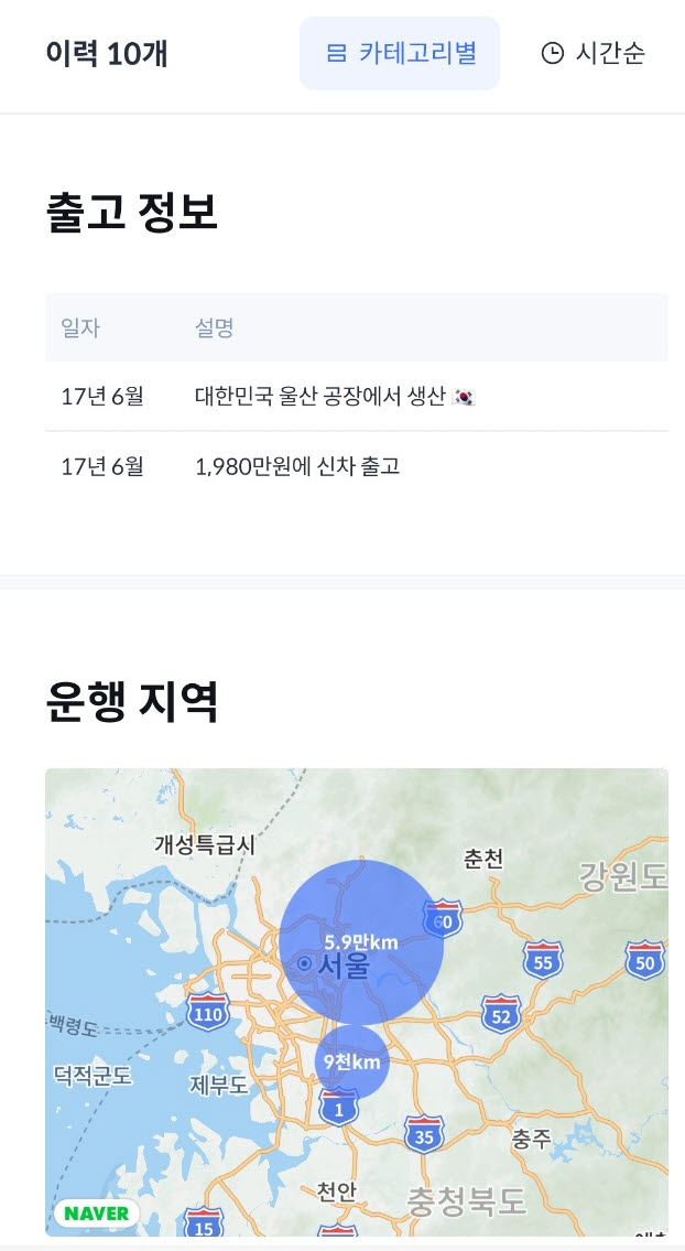 헤이딜러 중고차 이력 화면