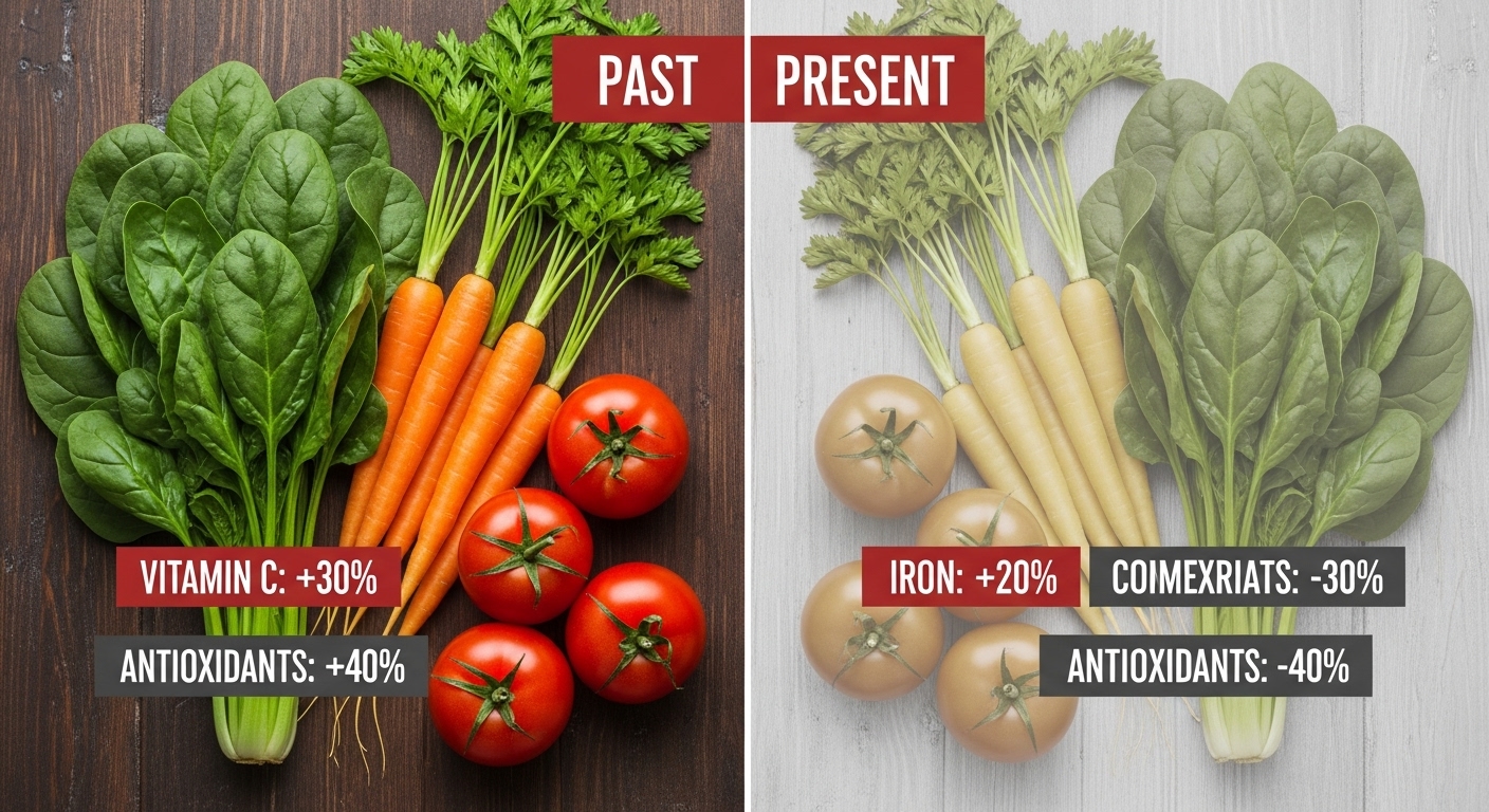 과거의 채소와 현대의 채소의 영양소 차이를 시각적으로 비교하는 이미지
