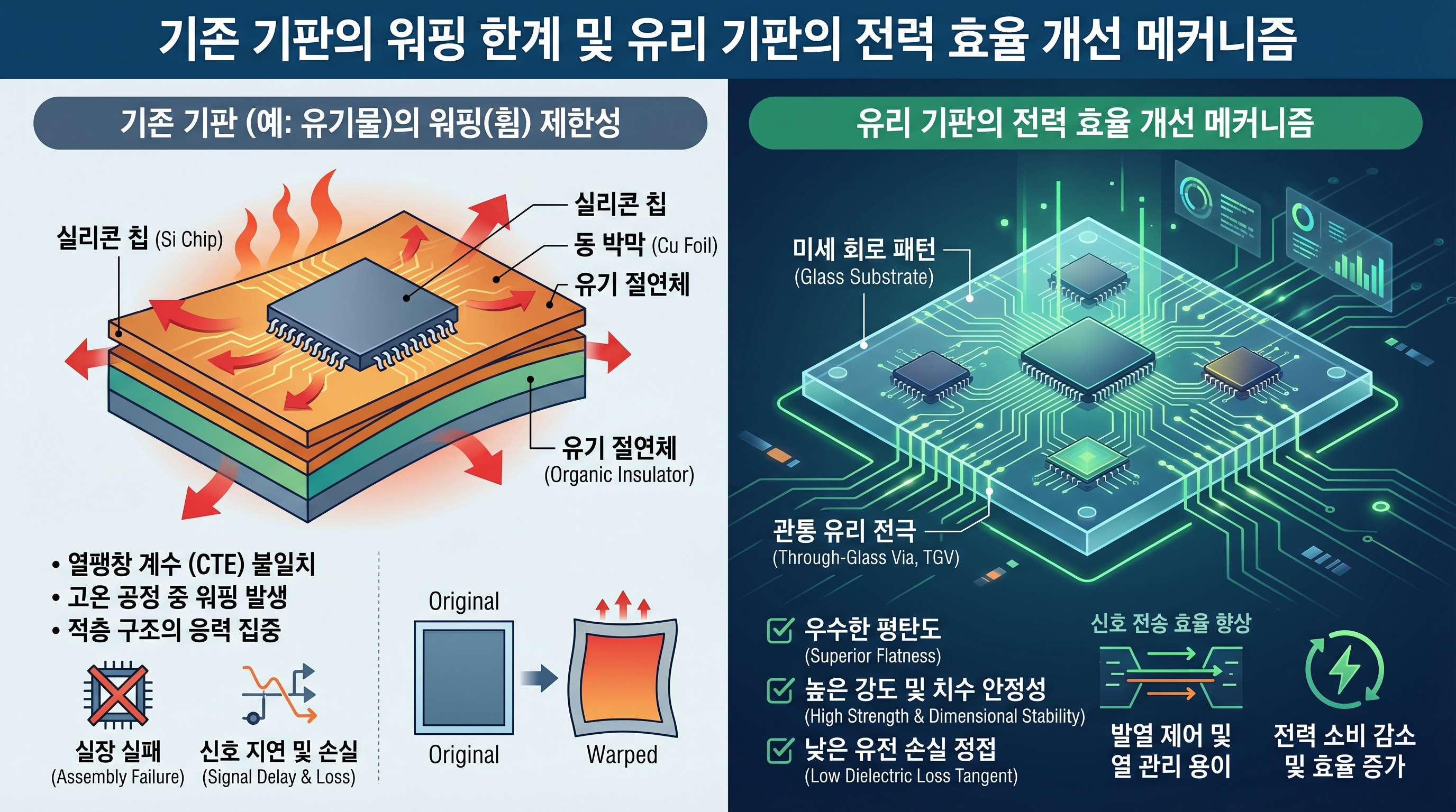 기존 기판의 휨 현상 한계와 유리기판의 전력 효율 개선 메커니즘