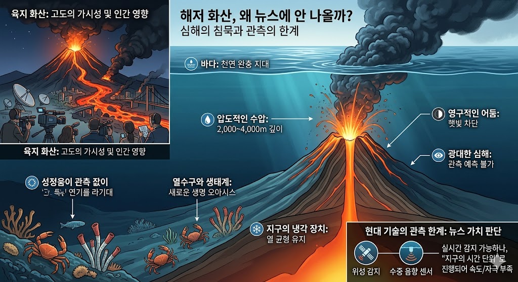 심해 4,000m 깊이에서 발생하는 해저 화산 폭발과 주변 지형을 나타내는 상상도