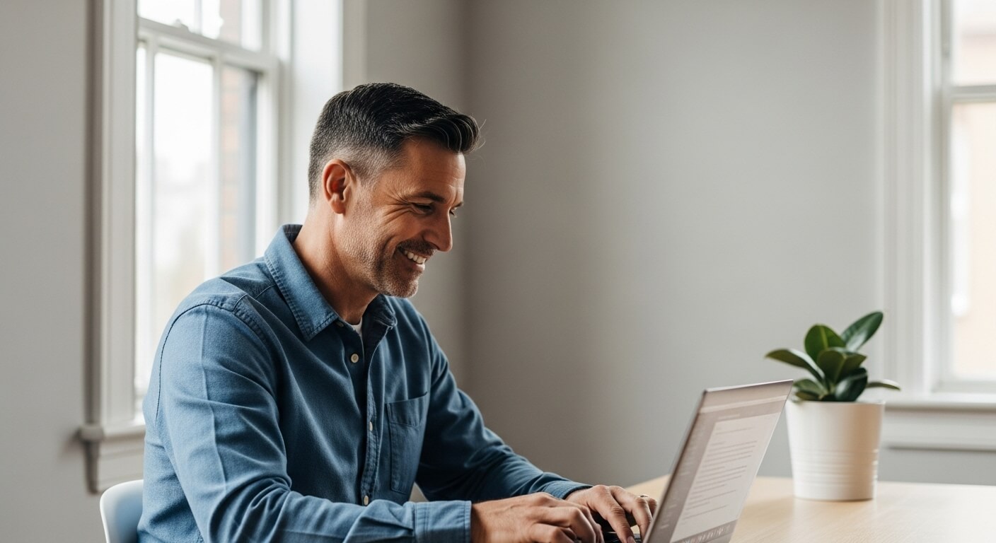 노트북으로 업무를 보는 중년 남성의 미소