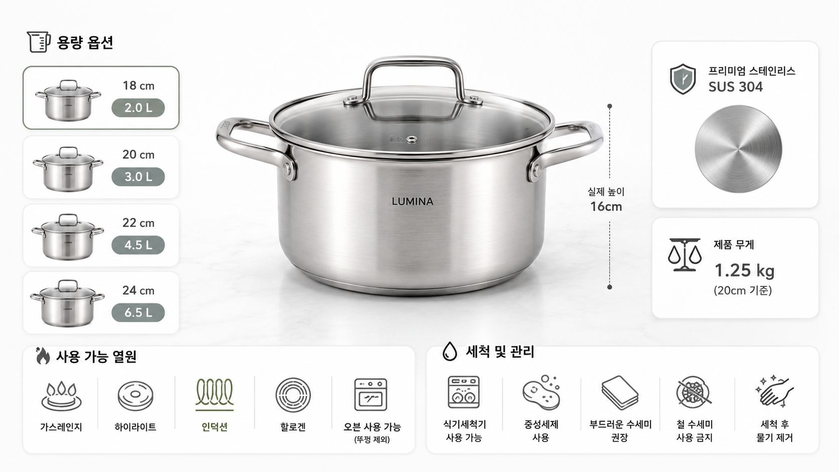 제품 크기와 용량, 사용 조건을 한눈에 보여주는 구성