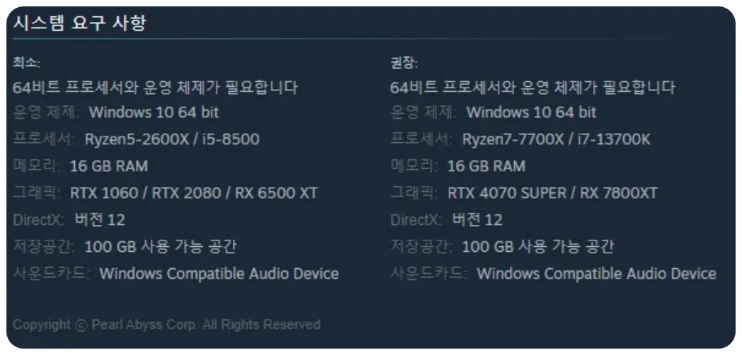 붉은사막 시스템 요구사항 최소 및 권장사양 16gb 메모리는 필수