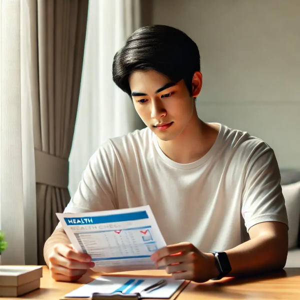 집에서 건강검진 서류를 검토하는 동양인 젊은 남성