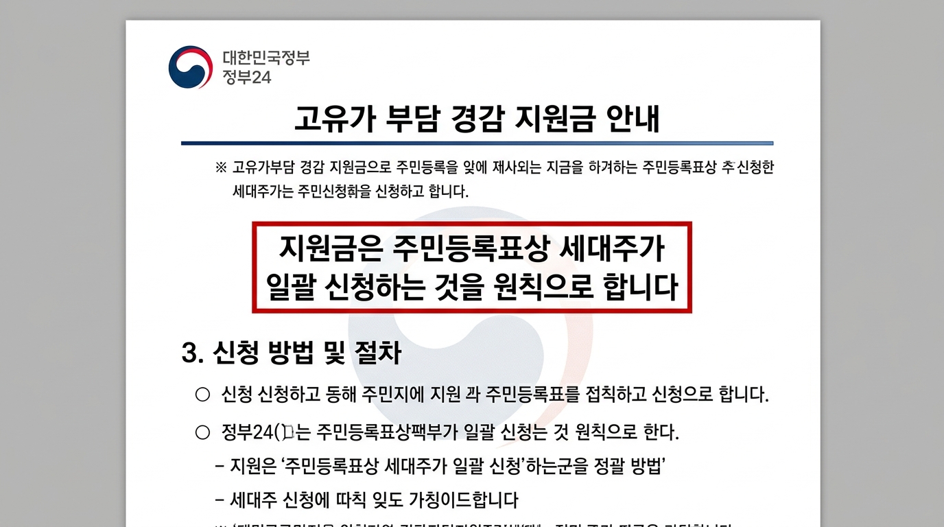 고유가 피해지원금은 세대주 일괄 신청이 원칙임을 보여주는 안내문 캡처