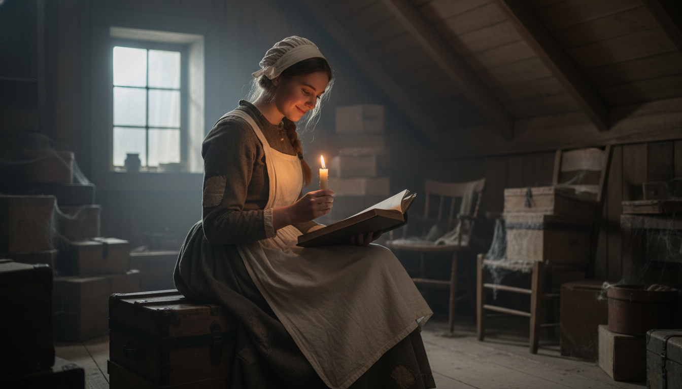 어두운 다락방에서 촛불에 의지해 몰래 책을 읽으며 지내는 소피 베켓의 모습
