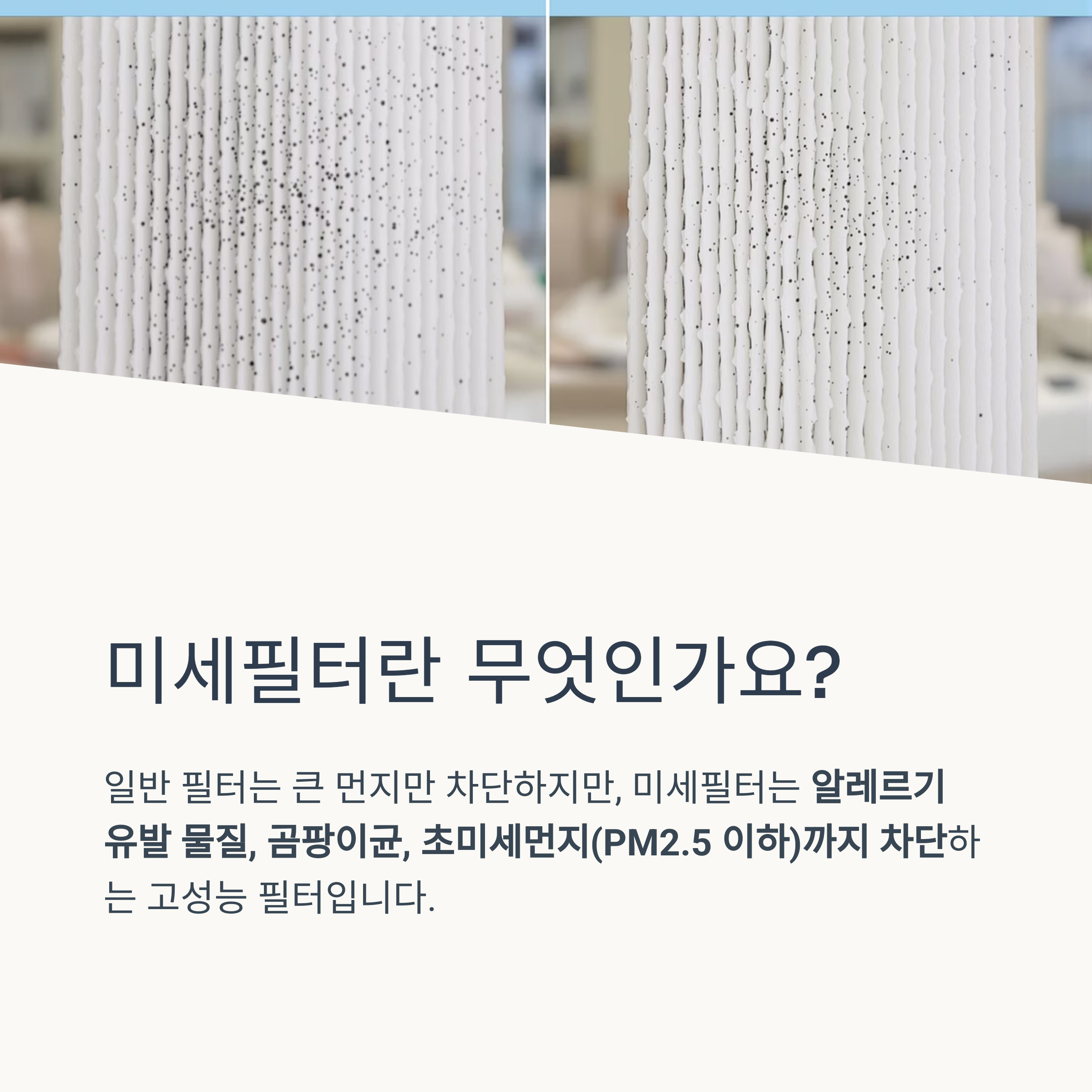 미세필터란 무엇인가요?
일반 필터는 큰 먼지만 차단하지만, 미세필터는 알레르기 유발 물질, 곰팡이균, 초미세먼지(PM2.5 이하)까지 차단하는 고성능 필터입니다.