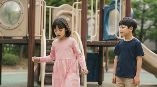 놀이터에서 딸이 머뭇거리며 뒤로 물러서는 모습
