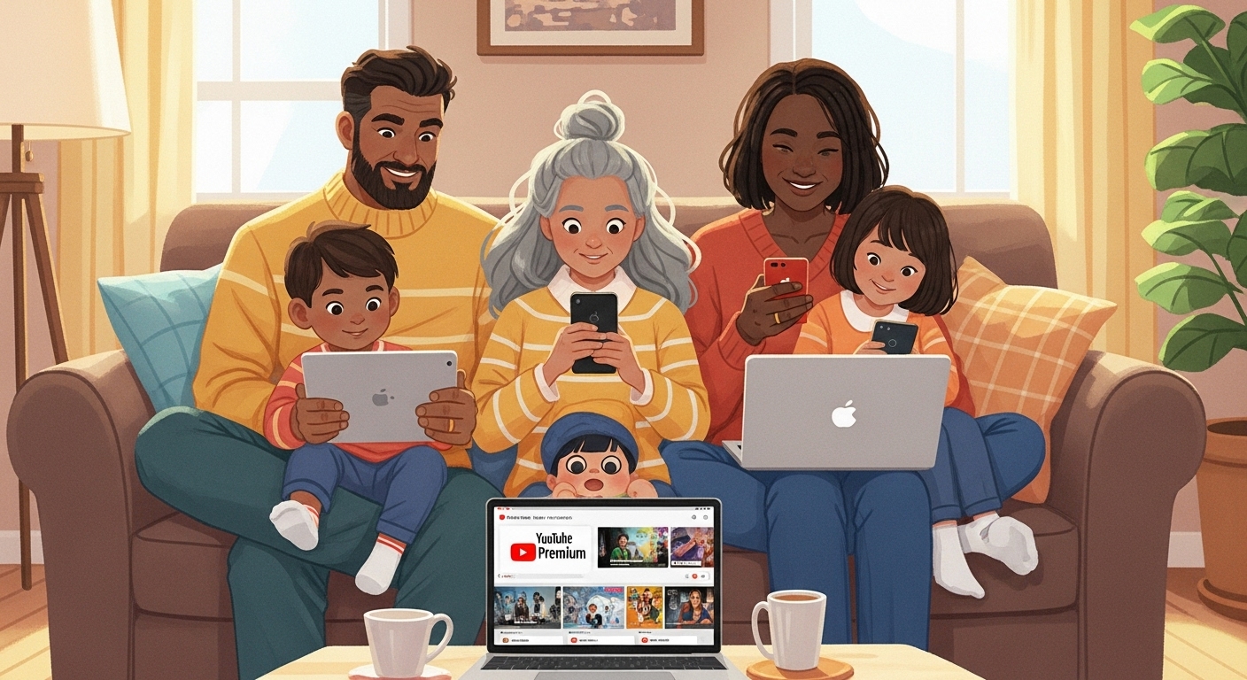 따뜻하고 아늑한 거실에서 각자의 기기로 유튜브 콘텐츠를 광고 없이 즐기고 있는 가족들의 모습. 부모님과 아이들이 함께 편안한 시간을 보내며 유튜브 프리미엄 가족 공유의 혜택을 누리고 있다.