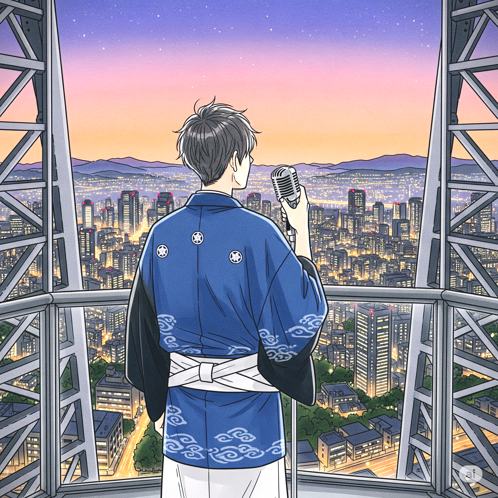 후쿠오카 시내를 바라보며 노래하는 남자