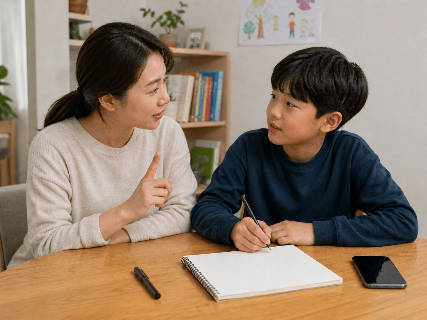 엄마와 아이가 스마트폰 사용 규칙에 대해 서로 협의하는 모습