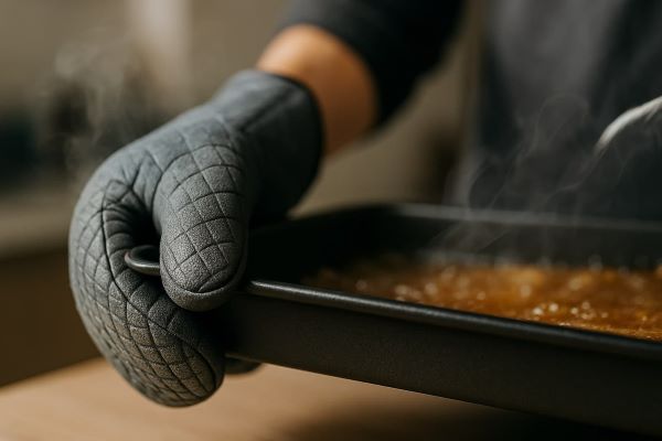 뜨거운 오븐 트레이를 안전하게 잡고 있는 손에 착용된 내열 오븐 장갑