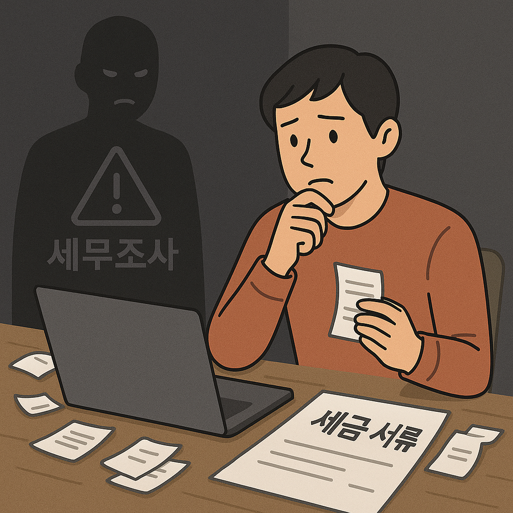 세무조사 경고를 받은 프리랜서가 영수증과 세금 서류를 확인하며 불안한 표정으로 노트북을 보고 있는 장면