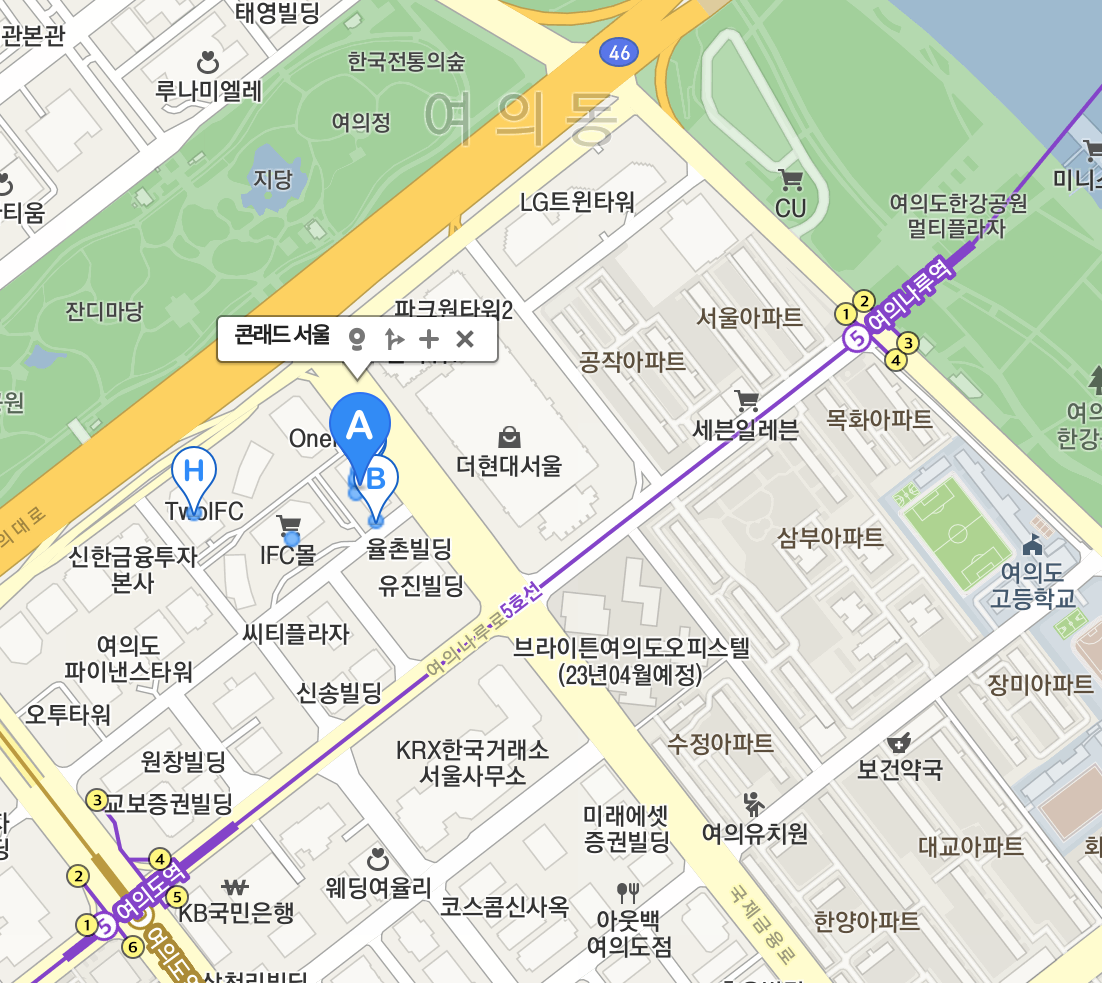 지도 상 콘래드 서울 위치