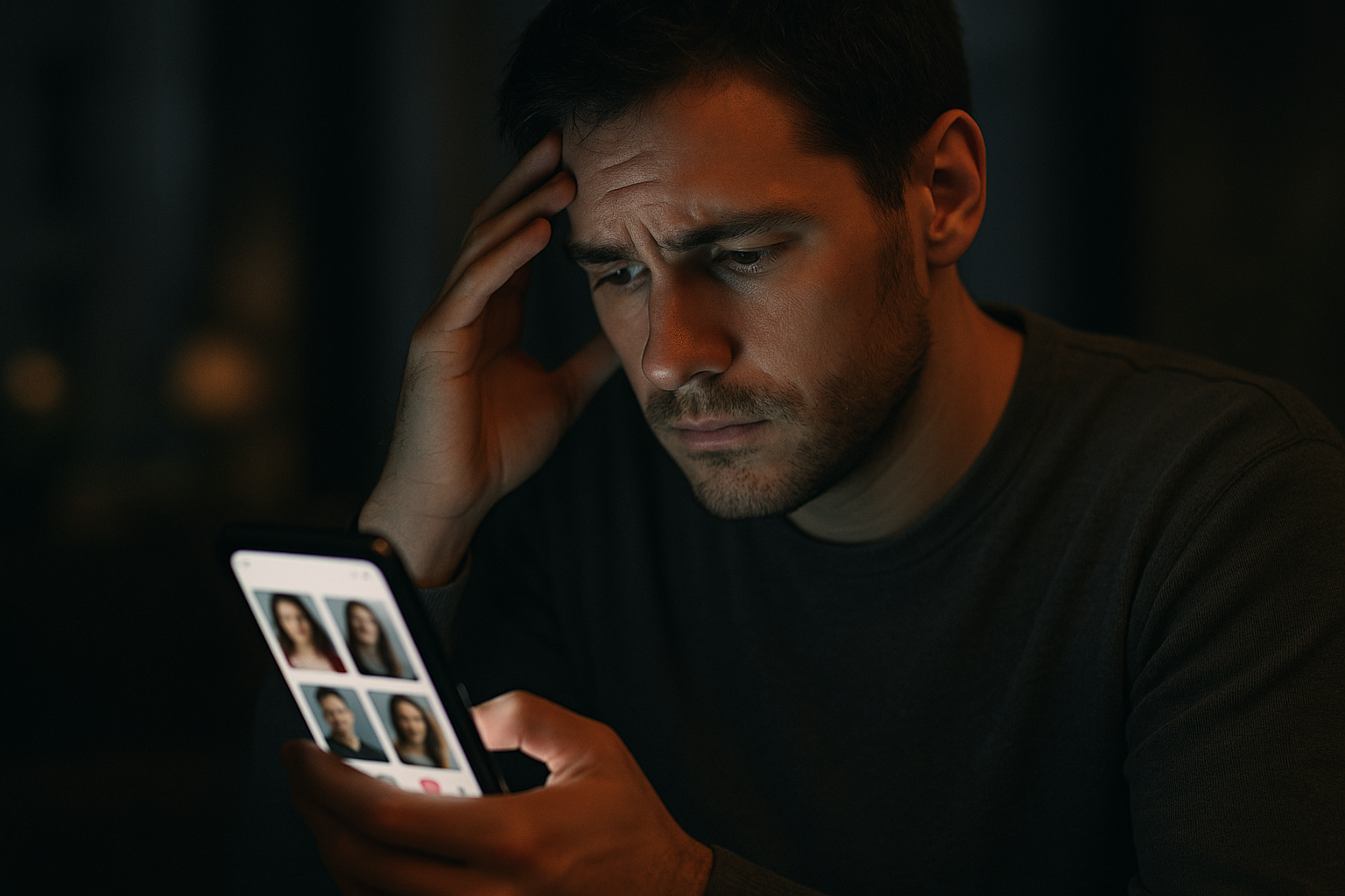 데이팅 앱을 보며 자존감이 낮아지는 상황을 표현한 이미지