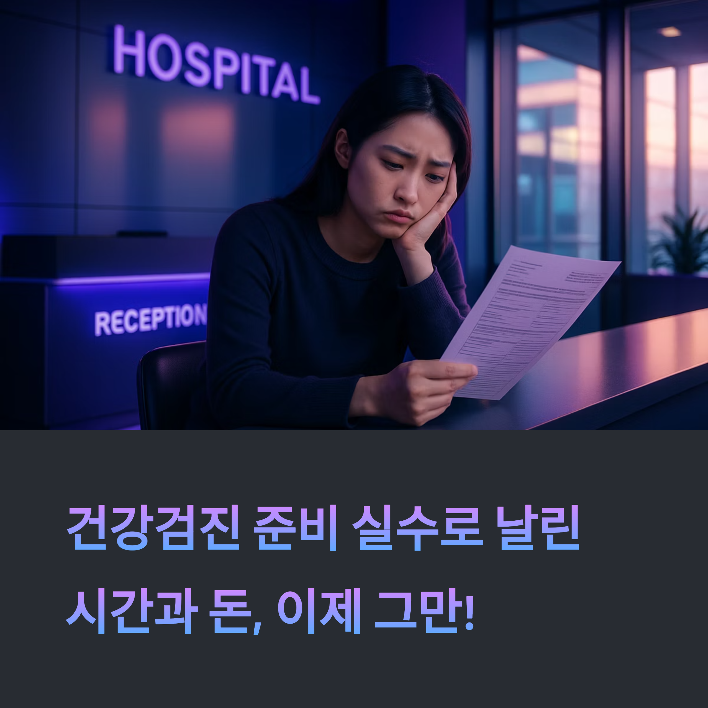 건강검진을 준비하지 못해 당황하는 여성. '건강검진 준비 실수로 날린 시간과 돈, 이제 그만!'이라는 문구가 강조된 병원 리셉션 배경 이미지.