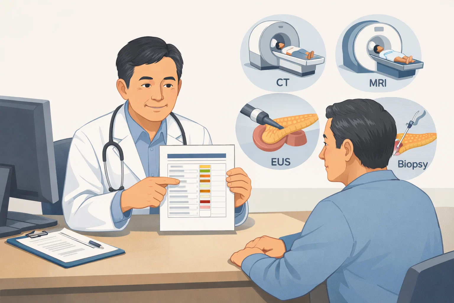 췌장암 혈액검사 수치를 확인한 뒤 CT MRI EUS 조직검사처럼 추가 검사와 함께 해석해야 한다는 흐름을 설명하는 이미지