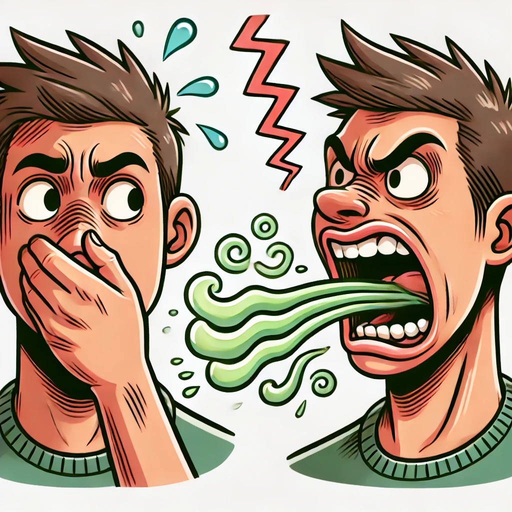 한 사람이 입냄새를 풍기고 옆에 있는 사람이 손으로 코를 막고 있는 이미지