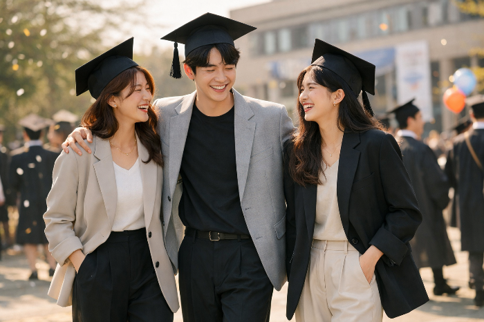 2026년 졸업식 트렌드로 자리 잡은 세미 포멀 룩을 입은 대학생들의 모습.