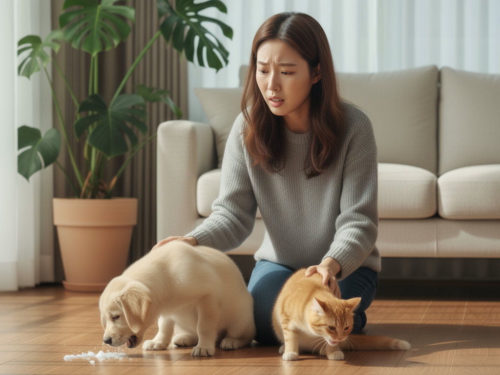 토하는 반려견과 반려묘를 걱정하는 보호자의 모습이 담긴 이미지