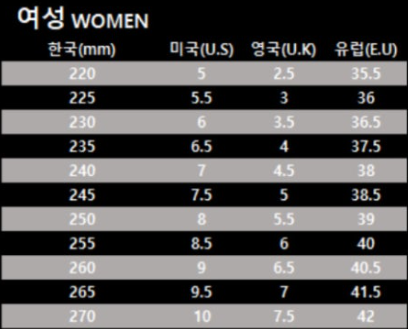 미국 여자 신발 사이즈표