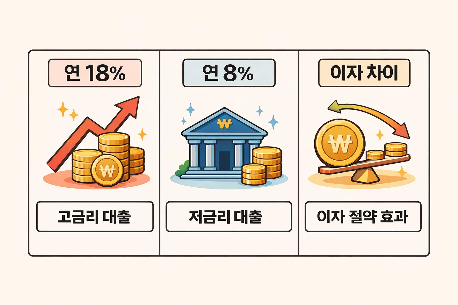 정부지원 저금리 서민대출과 일반 고금리 대출의 연이자율 차이와 절약 효과를 시각적으로 보여주는 금리 절감 비교 인포그래픽