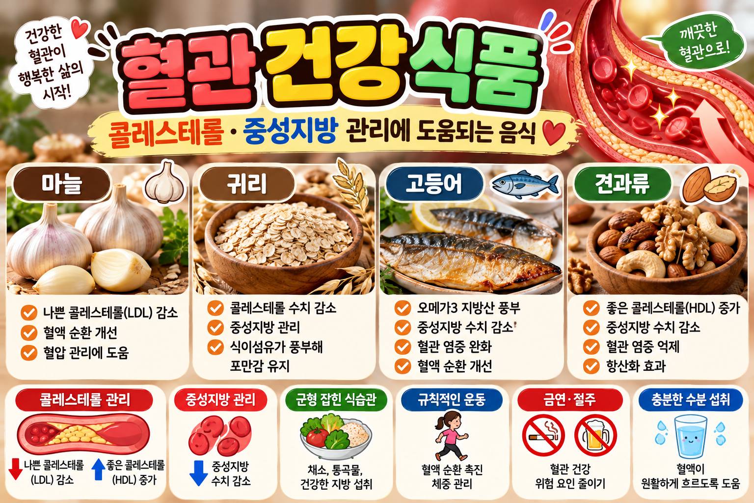 혈관 건강에 좋은 음식과 콜레스테롤, 중성지방 관리 및 올바른 식습관을 소개하는 건강정보 썸네일 이미지. 마늘, 귀리, 고등어, 견과류 등 혈관 건강에 도움이 되는 대표 식품 4가지가 배치되어 있으며, 각 식품의 주요 영양 성분과 건강 효과를 설명하고 있다. 혈관 단면과 혈액순환을 표현한 그림을 비롯해 LDL 콜레스테롤 관리, 중성지방 감소, 균형 잡힌 식단, 규칙적인 운동, 금연과 절주, 충분한 수분 섭취 등 건강한 생활습관을 안내하고 있다.