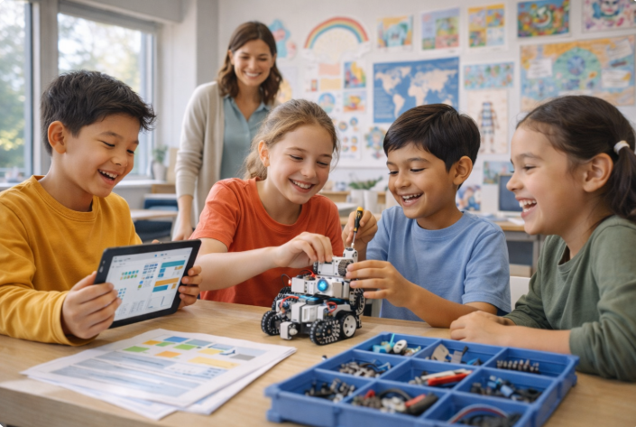 방과후학교 로봇 코딩 수업에 참여 중인 초등학생들이 협동하여 로봇을 조립하며 즐겁게 학습하는 모습