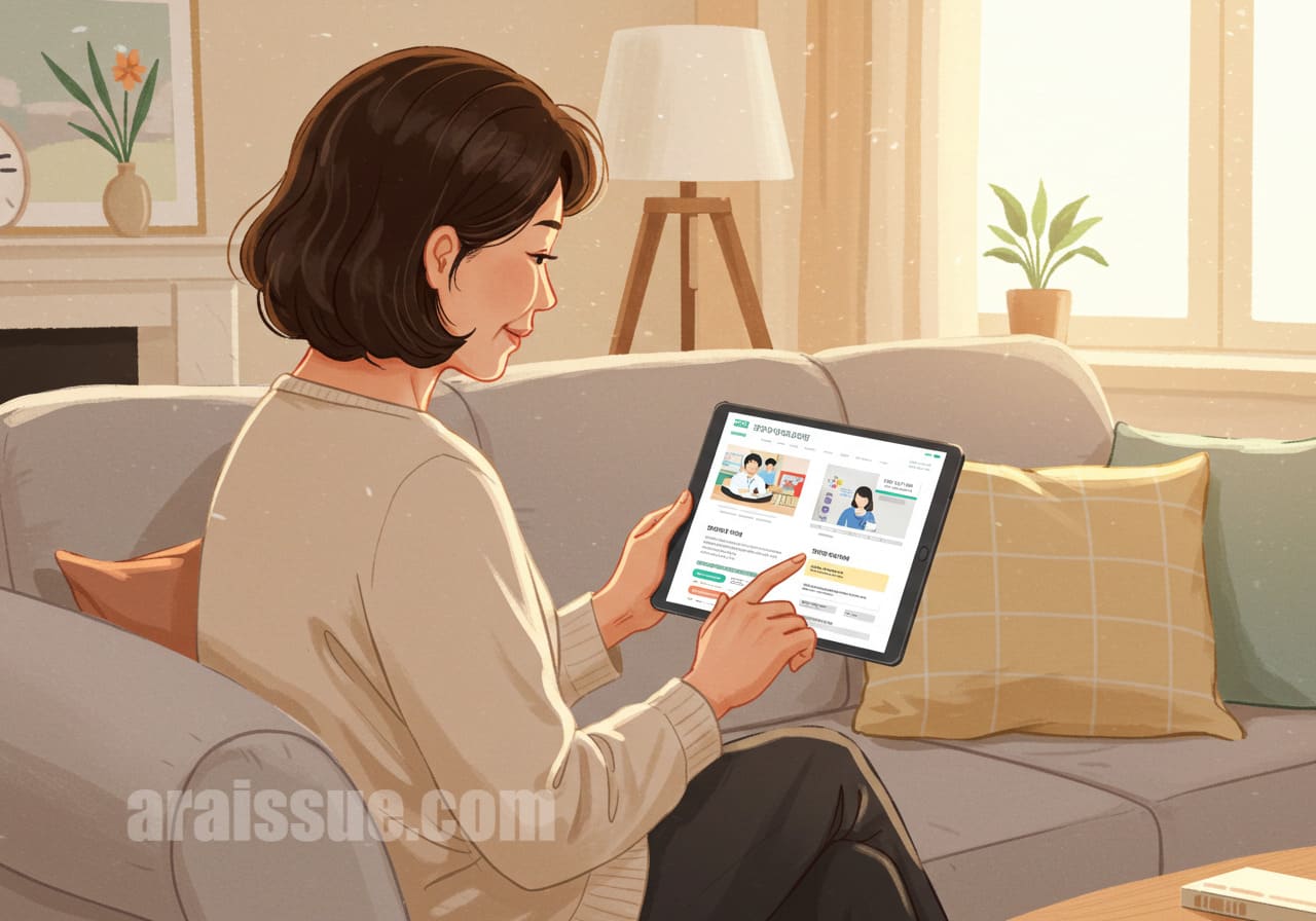 중년 여성이 보건소 건강프로그램 신청 페이지를 확인하는 장면