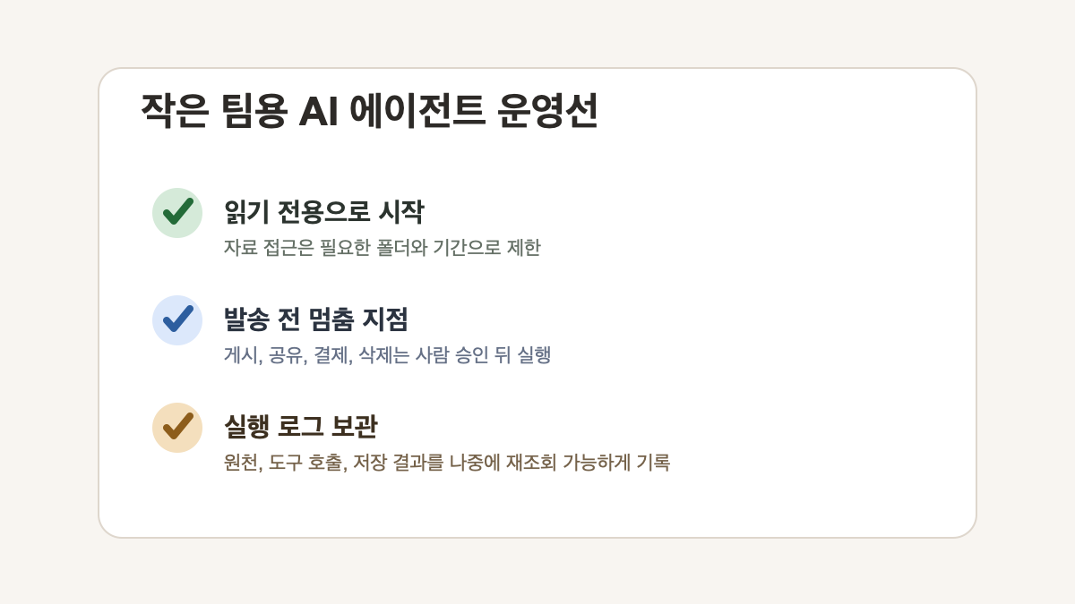 작은 팀용 AI 에이전트 운영 체크리스트: 읽기 전용, 발송 전 승인, 실행 로그 보관