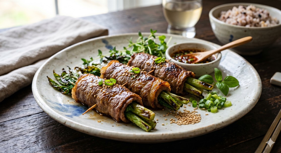 노릇하게 구워진 두릅 소고기 말이.