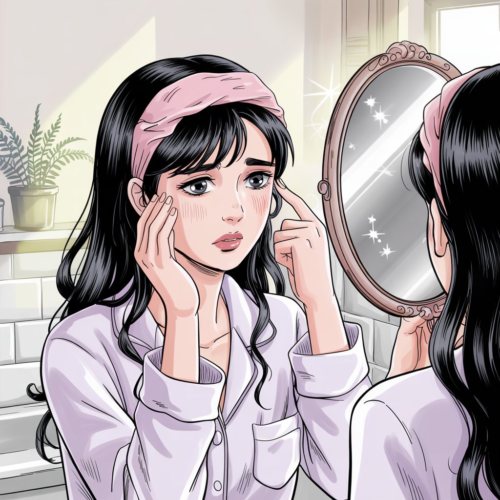 거울을 보며 피부 걱정하는 여성