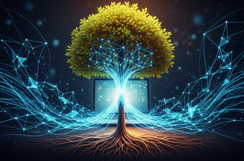 블로그의 꾸준한 콘텐츠 발행과 데이터를 상징하는 푸른 빛 네트워크 나무. 노트북 위에 뿌리를 내린 디지털 성장의 이미지로, 장기적인 수익화의 결실을 비유함.