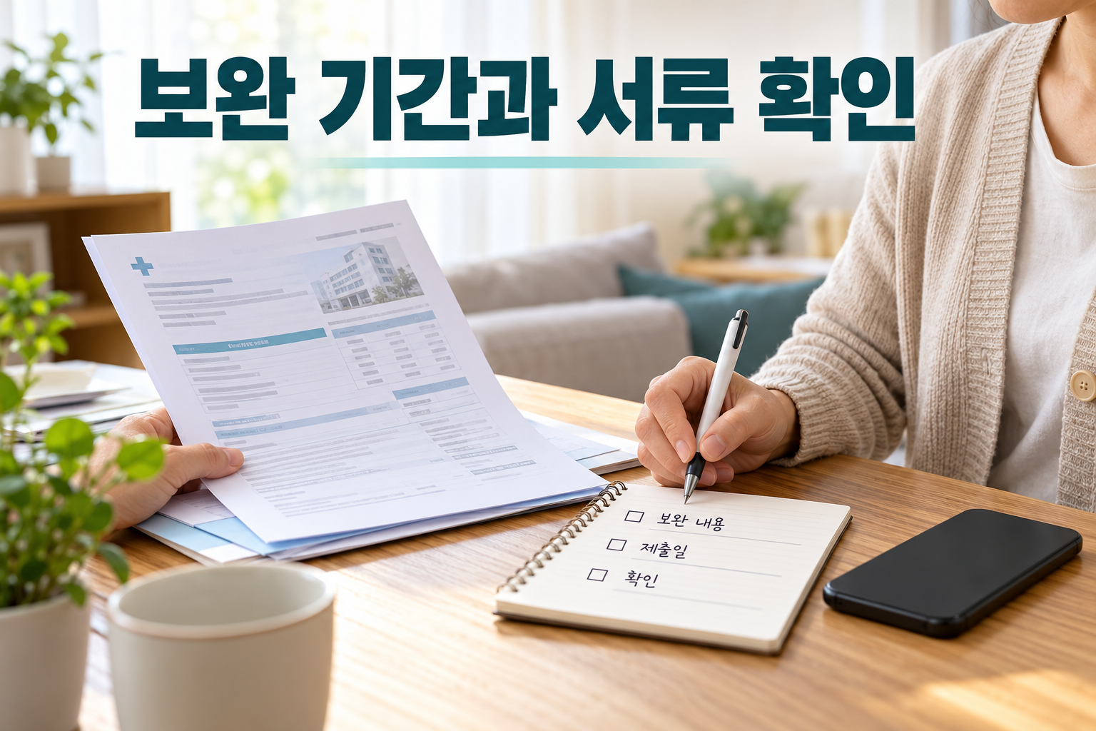 서류 요청 내용을 메모하고 관련 자료를 확인하는 손