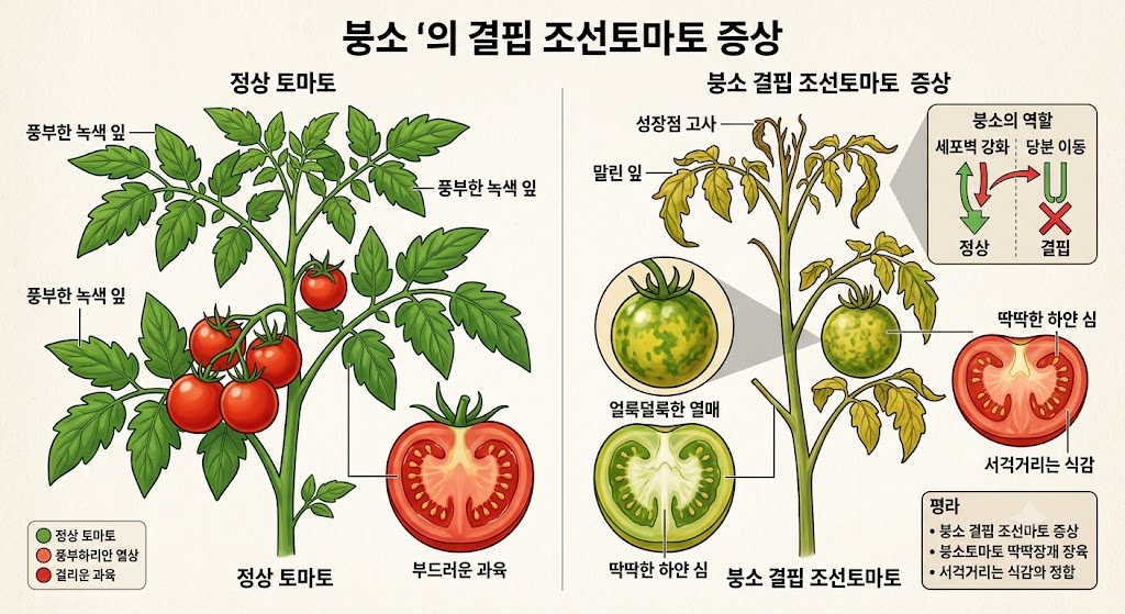 방울토마토 열매 중심에 하얗게 나무처럼 심이 박혀 있고 겉면이 얼룩덜룩하게 익지 않은 단면의 모습과 상단 새순이 말라 죽어가는 식물체 전체의 특징을 비교한 설명 삽화