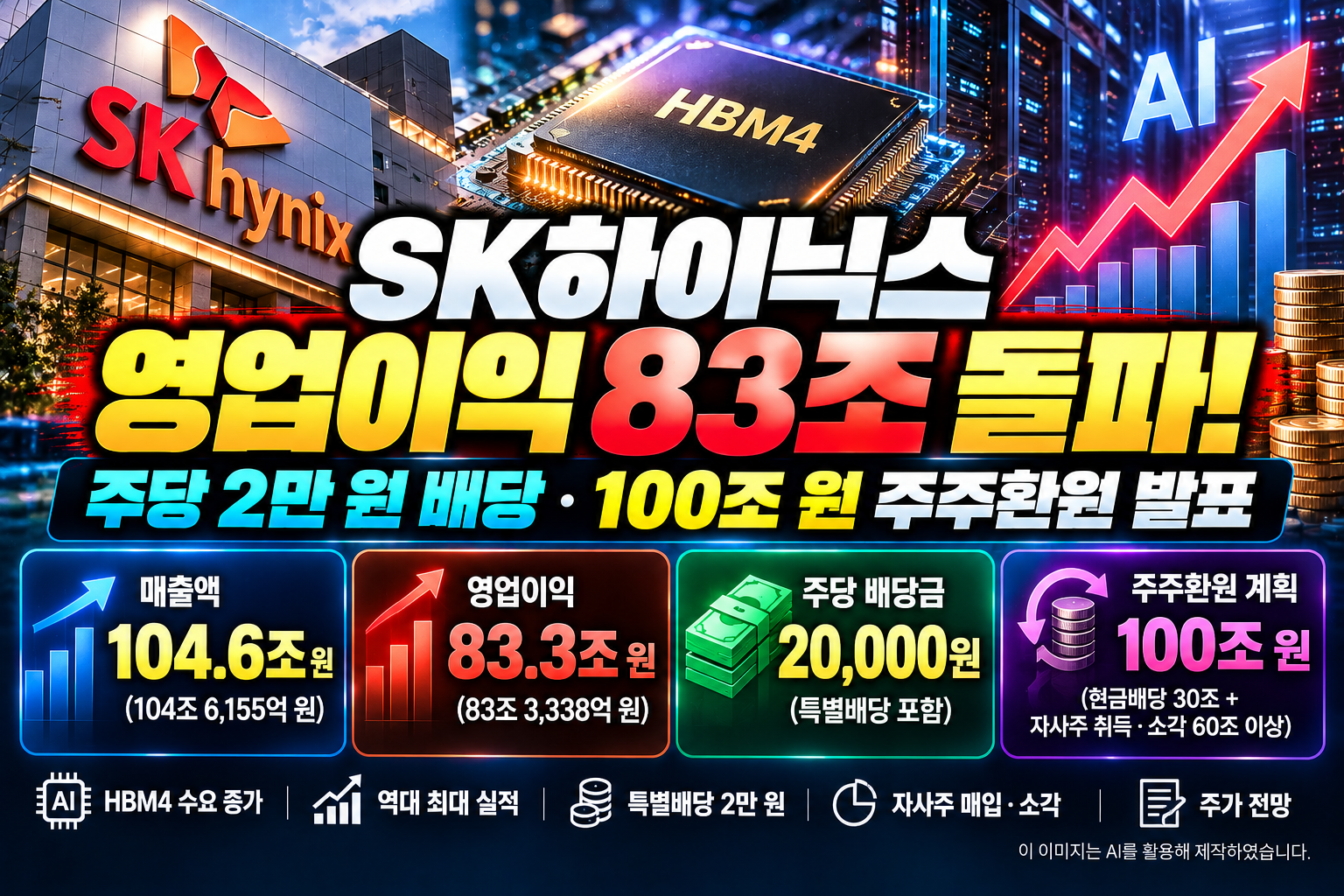 2026년 3분기 SK하이닉스 실적 발표, 매출액 104.6조 원과 영업이익 83.3조 원, 주당 배당금 2만 원 및 100조 원 규모 주주환원 계획을 HBM4 반도체와 상승 그래프로 표현한 이미지