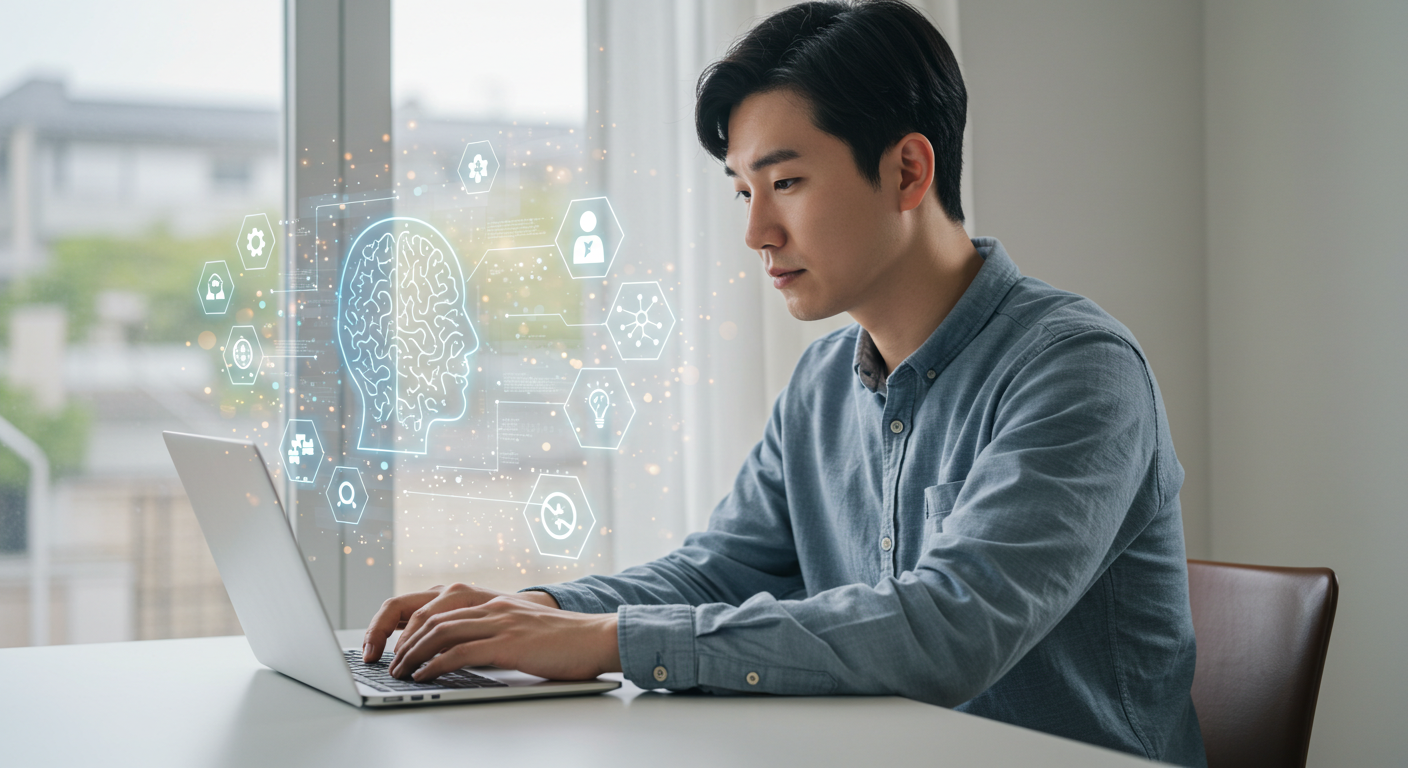 뉴로피드백과 뇌과학 훈련법으로 집중력을 강화하는 한국인 남성 업무 장면