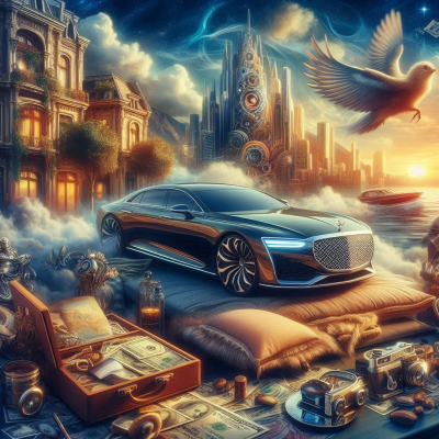 책상 위에 고급 자동차와 다양한 물건들이 놓여있는 장면.