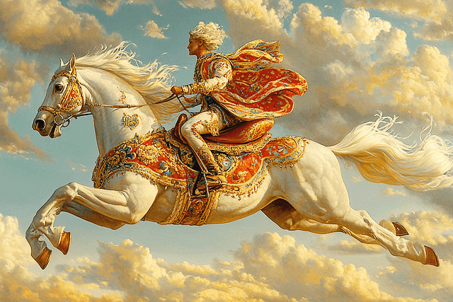 하얀 말을 탄 남자가 있다. 빨간 옷을 입었고 말 등에도 빨간 양탄자가 있다.