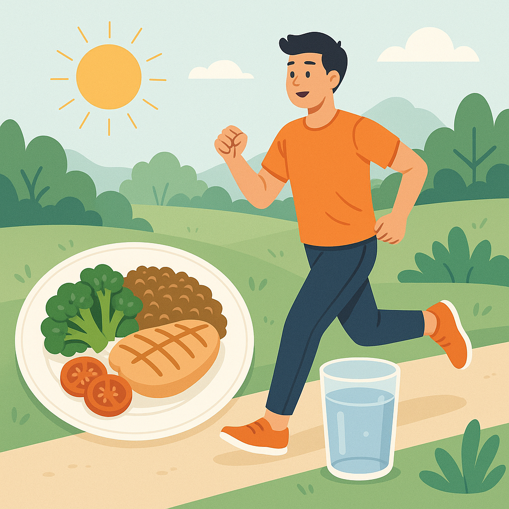 건강한 식단과 물, 운동하는 사람 일러스트